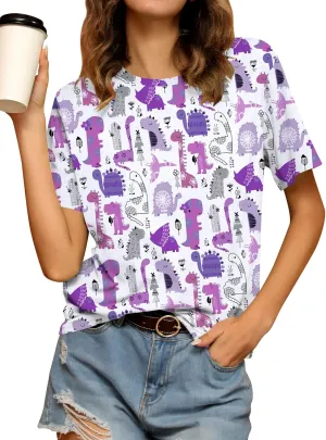RMCMS Dinosaur Shirts Women Cute 3D Dinosaur Graphic Party Casual Loose Fit Short Sleeve T-Shirt Tee Gift for Mom Top