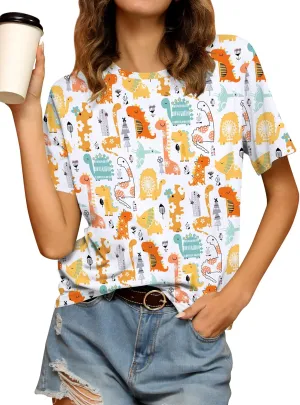RMCMS Dinosaur Shirts Women Cute 3D Dinosaur Graphic Party Casual Loose Fit Short Sleeve T-Shirt Tee Gift for Mom Top