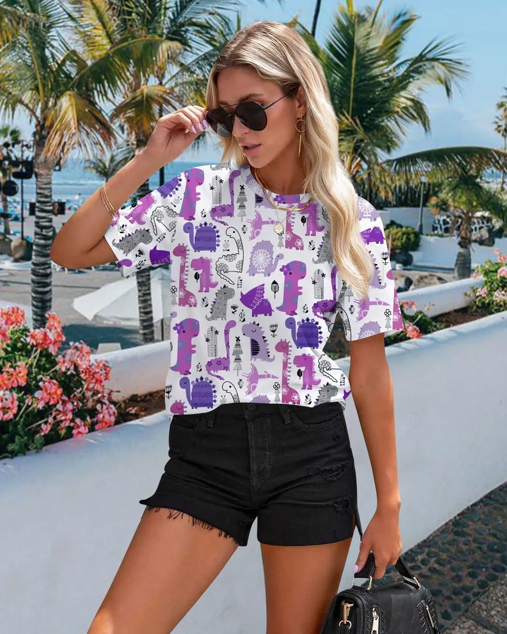 RMCMS Dinosaur Shirts Women Cute 3D Dinosaur Graphic Party Casual Loose Fit Short Sleeve T-Shirt Tee Gift for Mom Top