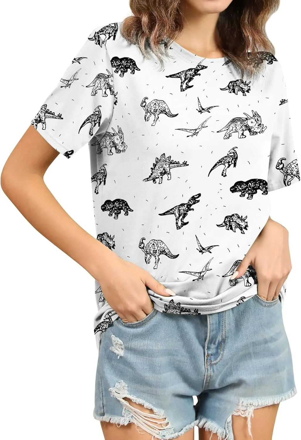 RMCMS Women Cute Dinosaur Graphic Prime Tees Ladies Bestie Fun Shirt Blouse Tops