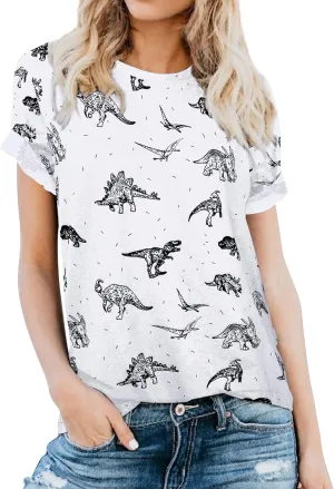 RMCMS Women Cute Dinosaur Graphic Prime Tees Ladies Bestie Fun Shirt Blouse Tops