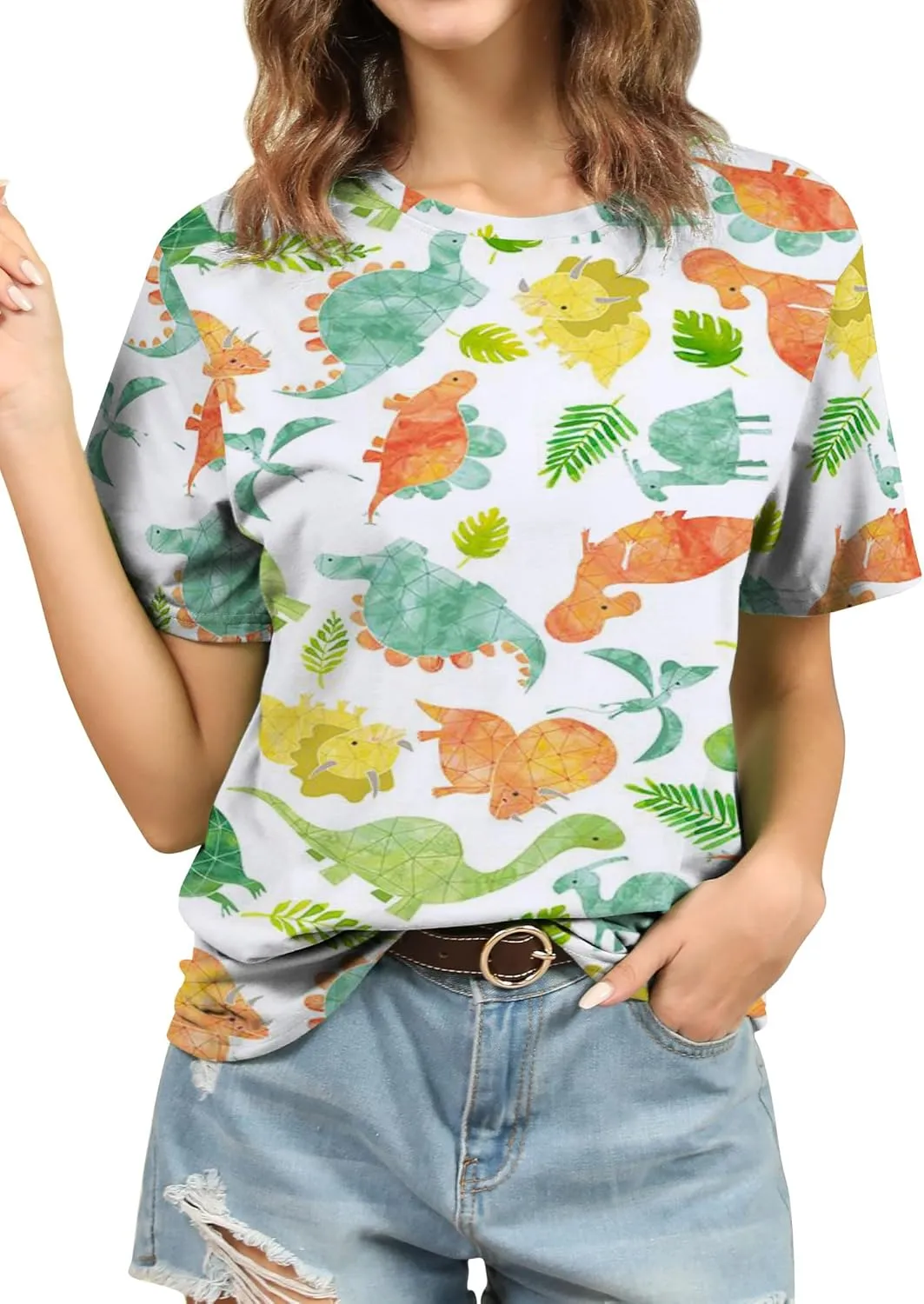 RMCMS Women Cute Dinosaur Graphic Prime Tees Ladies Bestie Fun Shirt Blouse Tops