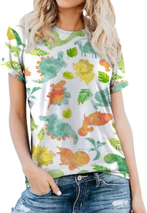 RMCMS Women Cute Dinosaur Graphic Prime Tees Ladies Bestie Fun Shirt Blouse Tops