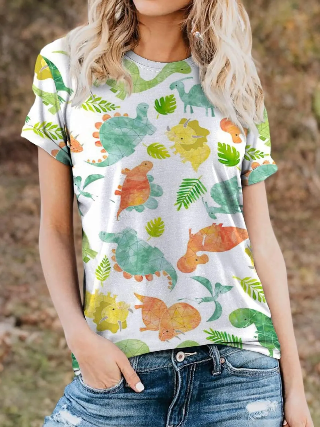 RMCMS Women Cute Dinosaur Graphic Prime Tees Ladies Bestie Fun Shirt Blouse Tops