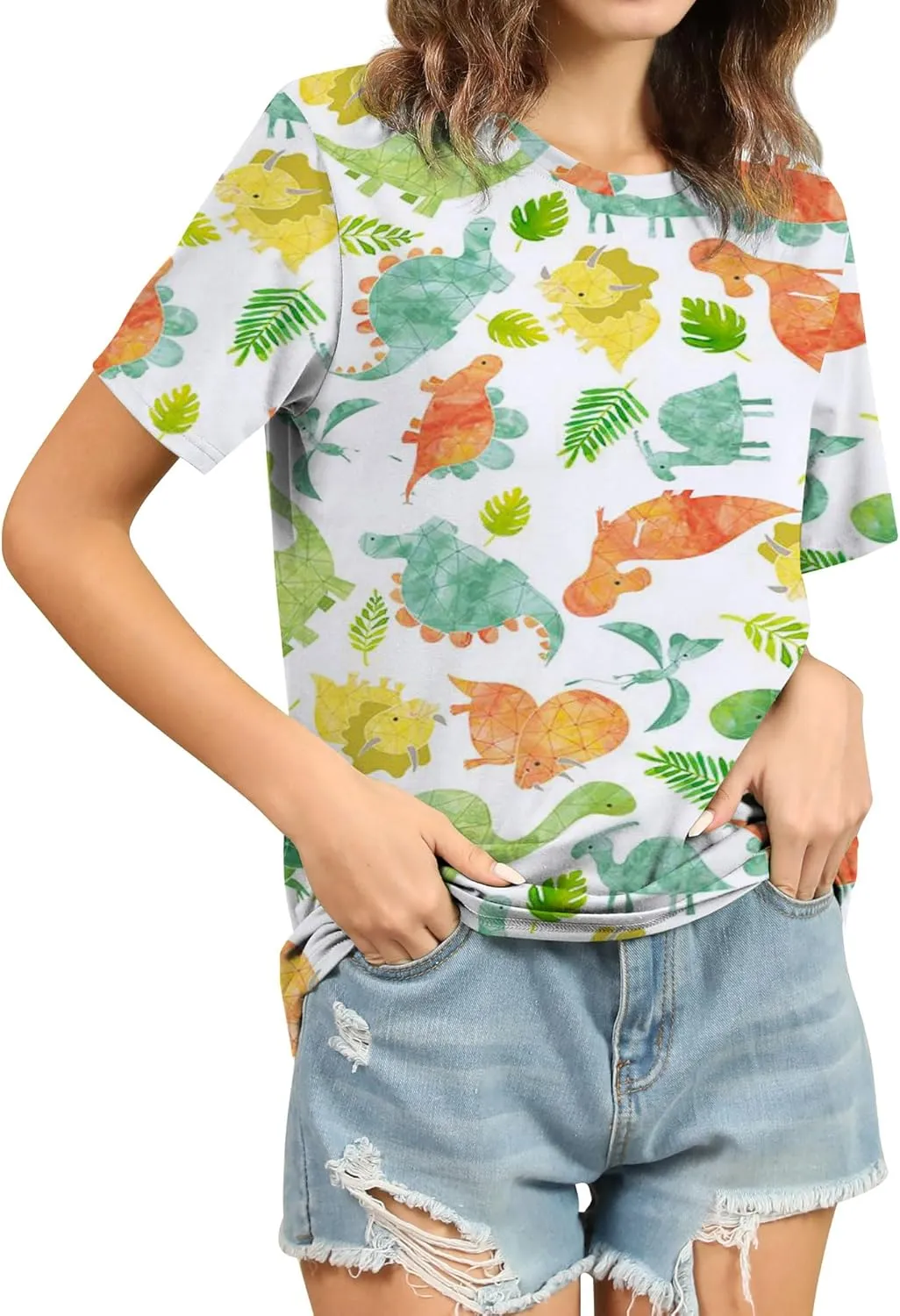 RMCMS Women Cute Dinosaur Graphic Prime Tees Ladies Bestie Fun Shirt Blouse Tops