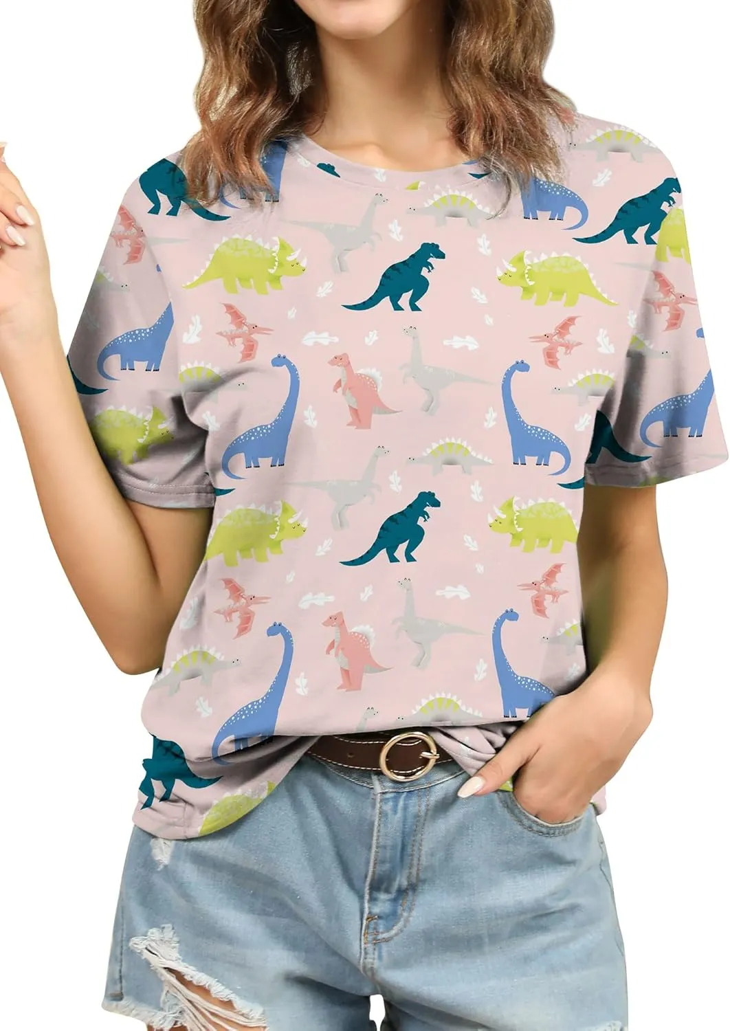 RMCMS Women Cute Dinosaur Graphic Prime Tees Ladies Bestie Fun Shirt Blouse Tops
