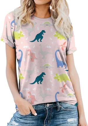 RMCMS Women Cute Dinosaur Graphic Prime Tees Ladies Bestie Fun Shirt Blouse Tops