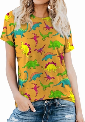 RMCMS Women Cute Dinosaur Graphic Prime Tees Ladies Bestie Fun Shirt Blouse Tops
