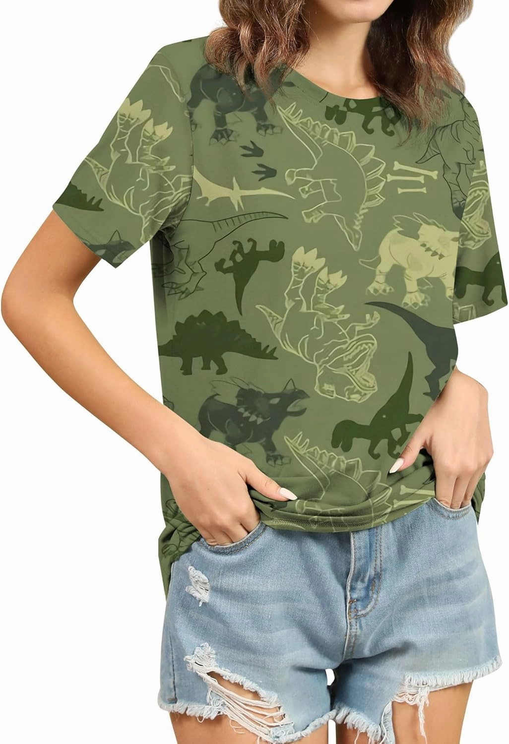 RMCMS Women Cute Dinosaur Graphic Prime Tees Ladies Bestie Fun Shirt Blouse Tops