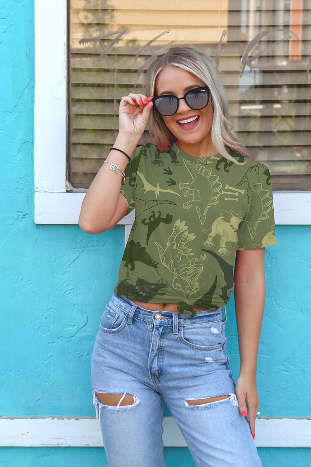 RMCMS Women Cute Dinosaur Graphic Prime Tees Ladies Bestie Fun Shirt Blouse Tops