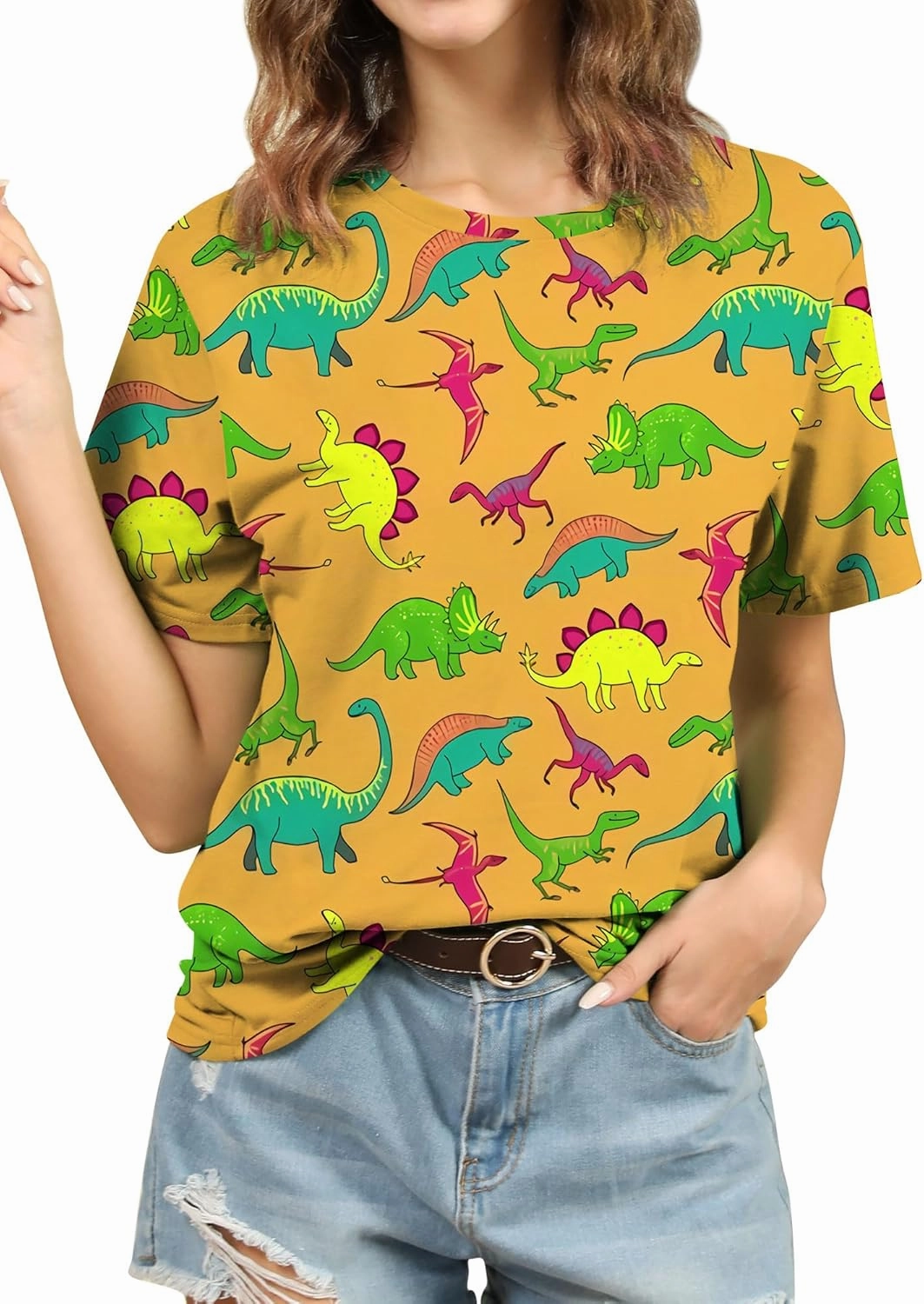 RMCMS Women Cute Dinosaur Graphic Prime Tees Ladies Bestie Fun Shirt Blouse Tops