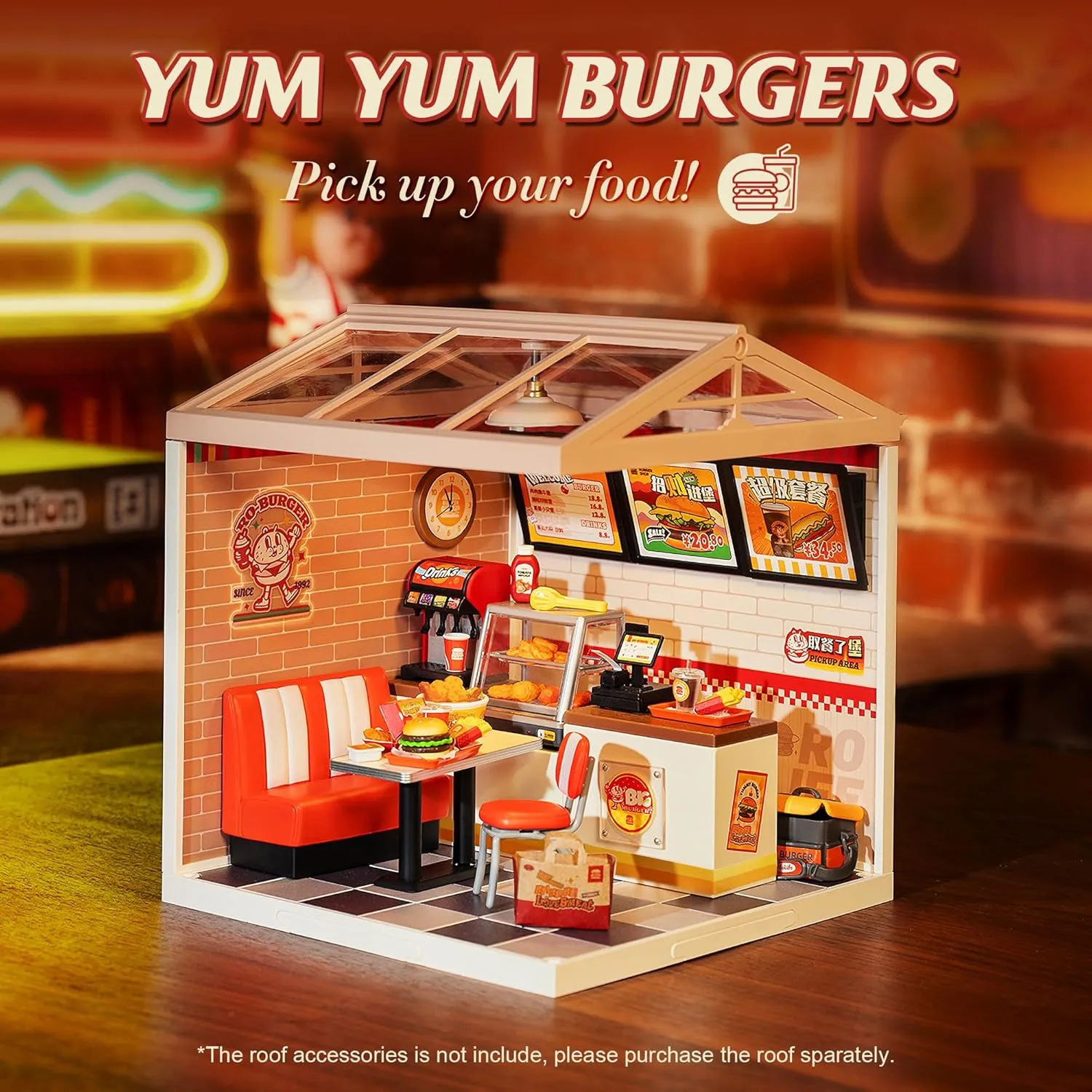 ROBOTIME Miniature House Kit DIY Plastic House Building Toy Set with LED Tiny Store Making Kit Model Craft Hobby Unique Gift (Yum Yum Burgers)