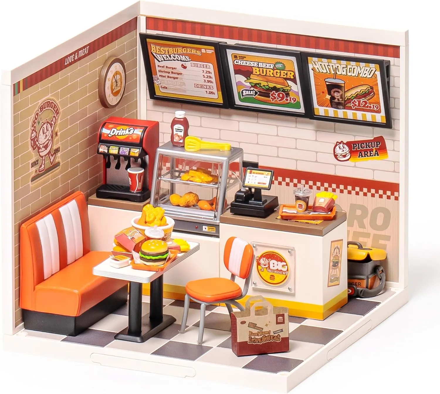 ROBOTIME Miniature House Kit DIY Plastic House Building Toy Set with LED Tiny Store Making Kit Model Craft Hobby Unique Gift (Yum Yum Burgers)