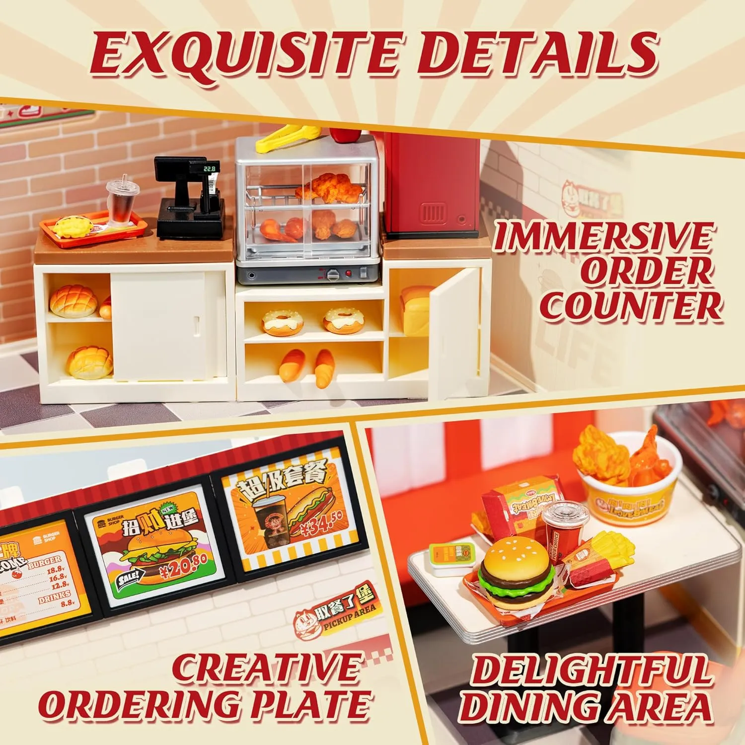 ROBOTIME Miniature House Kit DIY Plastic House Building Toy Set with LED Tiny Store Making Kit Model Craft Hobby Unique Gift (Yum Yum Burgers)