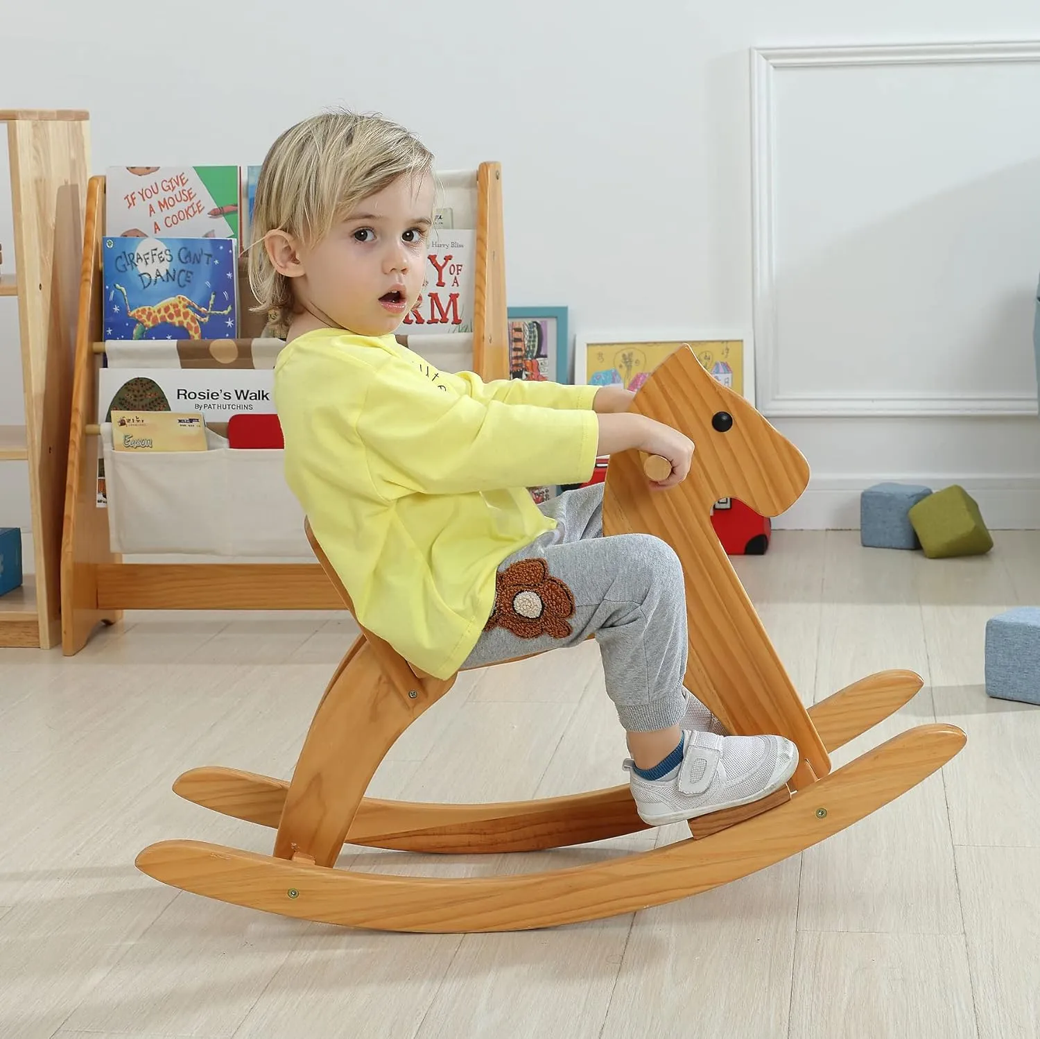Rocking Horse Wooden Ride On Toy for Kids Classic Design Rocking Horse with Pedal and Safe Backrest Fine Workmanship(Classic, Natural)