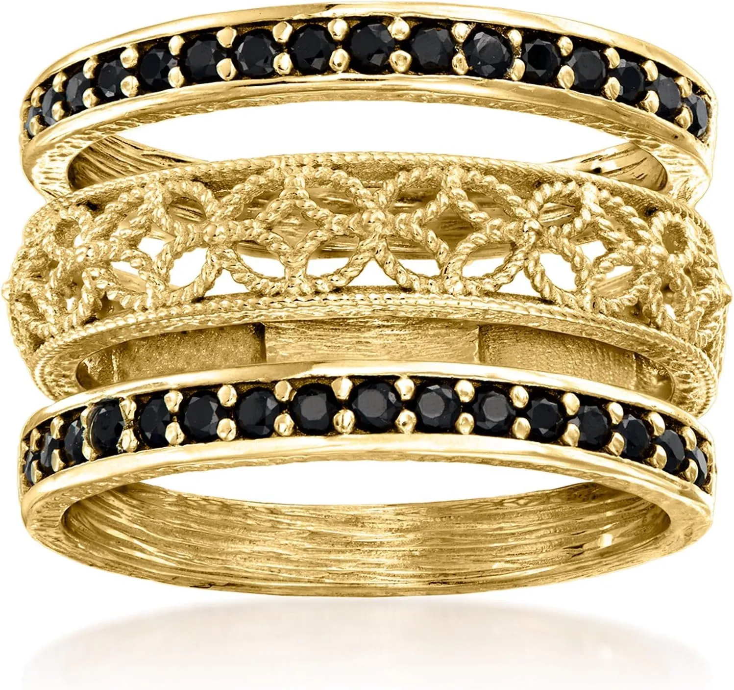 Ross-Simons 0.60 ct. t.w. Black Spinel and Scrollwork Jewelry Set: 3 Rings in 18kt Gold Over Sterling