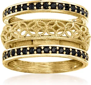 Ross-Simons 0.60 ct. t.w. Black Spinel and Scrollwork Jewelry Set: 3 Rings in 18kt Gold Over Sterling