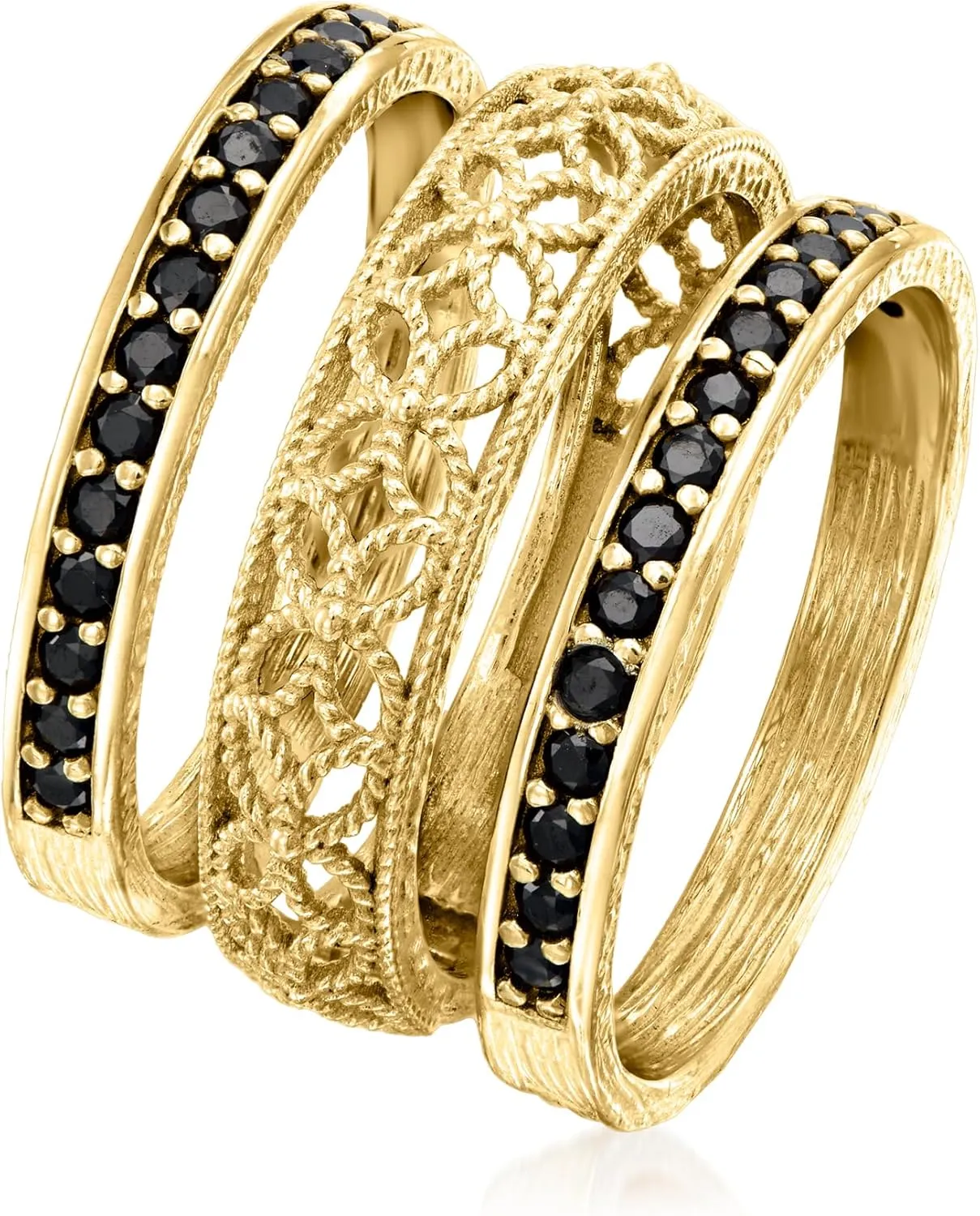 Ross-Simons 0.60 ct. t.w. Black Spinel and Scrollwork Jewelry Set: 3 Rings in 18kt Gold Over Sterling
