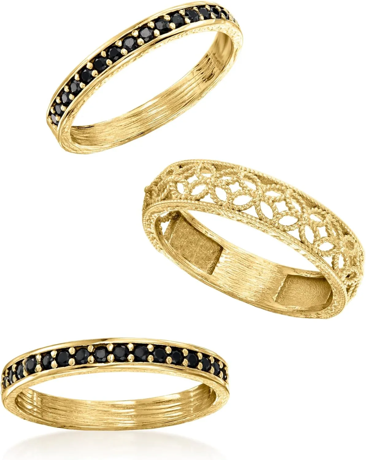 Ross-Simons 0.60 ct. t.w. Black Spinel and Scrollwork Jewelry Set: 3 Rings in 18kt Gold Over Sterling