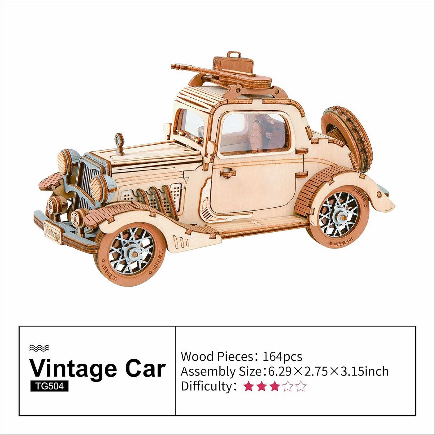 Rowood 3D Puzzles for Adults, Model Car Kits, DIY Wooden Toys Craft Gift on Birthday Christmas for Boys-Vintage Car