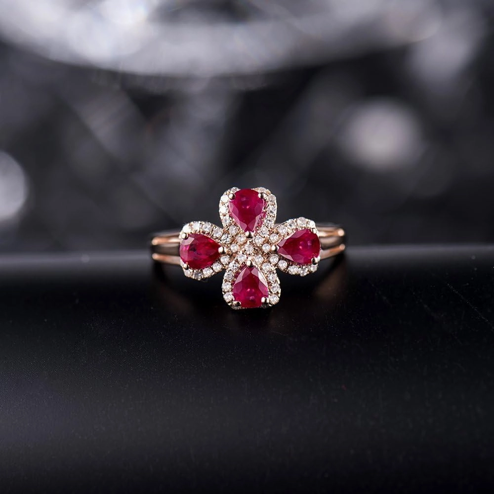 Ruby Ring For Women, 14K Solid Rose Gold Ring - Red Ruby Ring, Natural Genuine Ruby Ring & Real Diamond Gemstone Unique Rings For Couple Engagement Ring