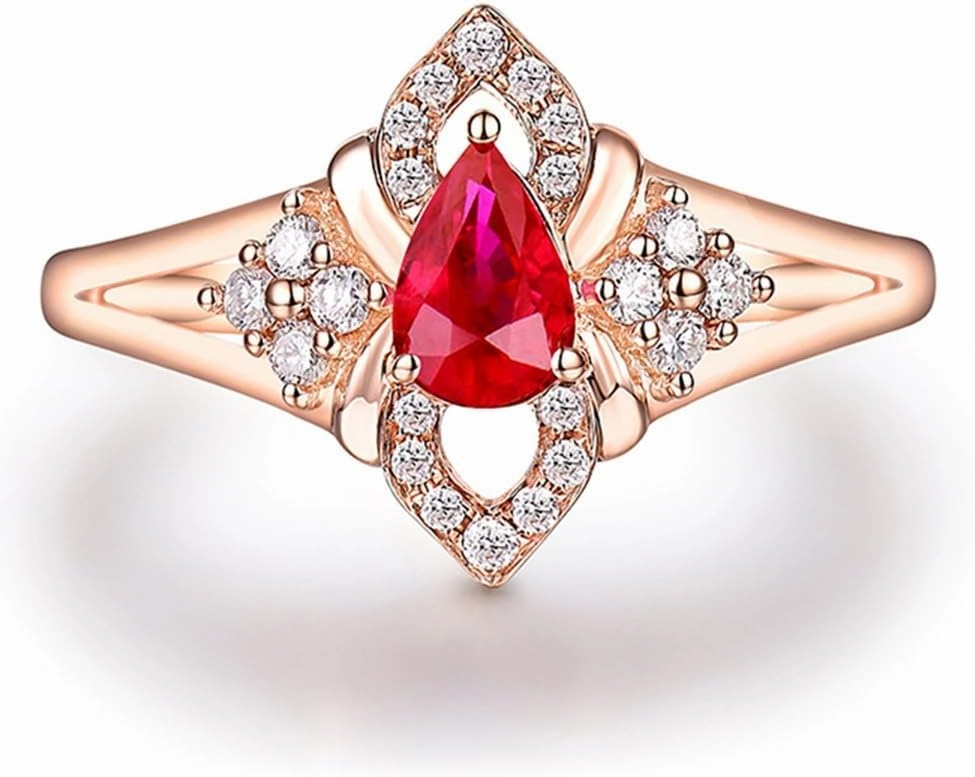 Ruby Ring For Women, 14kt Rose Gold Rings - Diamonds and Ruby Ring, Vintage Natural Pear 4x6mm Red Ruby Ring & Real Diamonds Gemstone Rings For Couple Engagement Ring