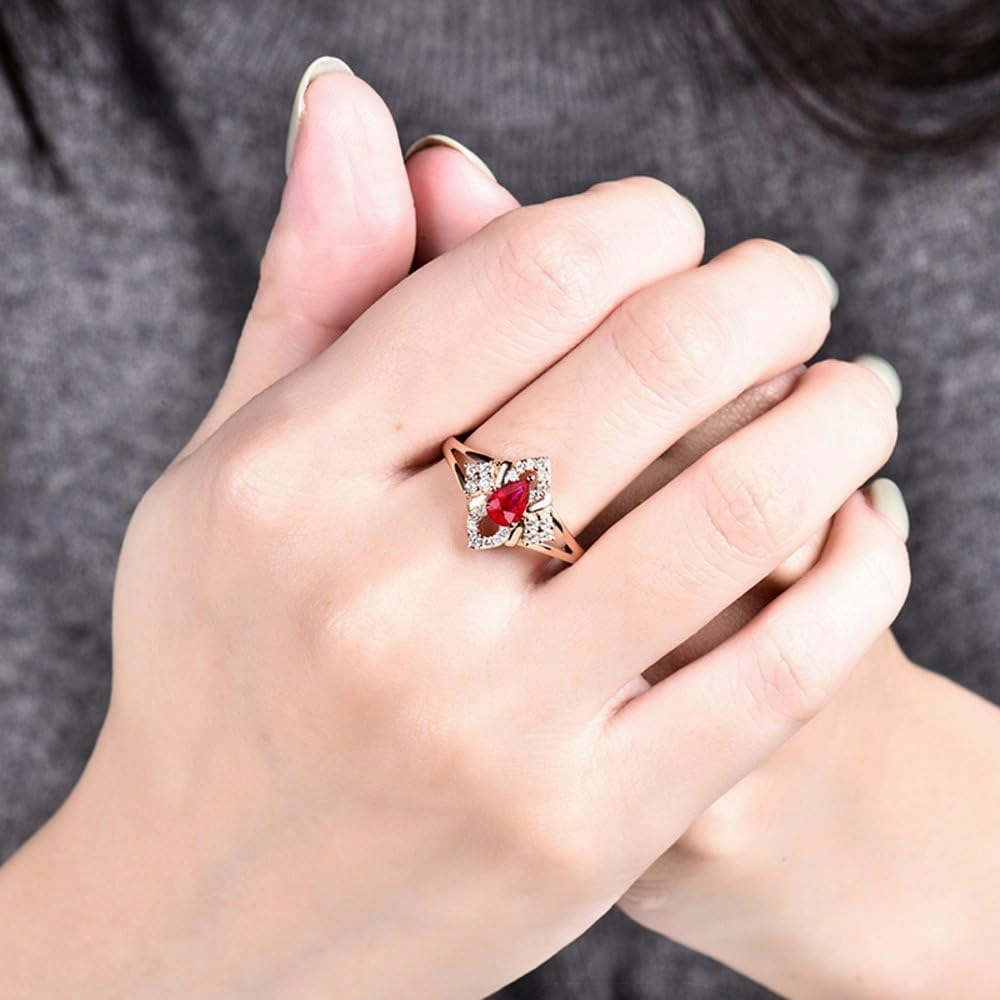 Ruby Ring For Women, 14kt Rose Gold Rings - Diamonds and Ruby Ring, Vintage Natural Pear 4x6mm Red Ruby Ring & Real Diamonds Gemstone Rings For Couple Engagement Ring