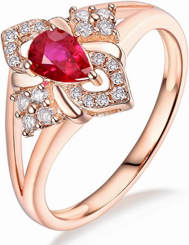 Ruby Ring For Women, 14kt Rose Gold Rings - Diamonds and Ruby Ring, Vintage Natural Pear 4x6mm Red Ruby Ring & Real Diamonds Gemstone Rings For Couple Engagement Ring