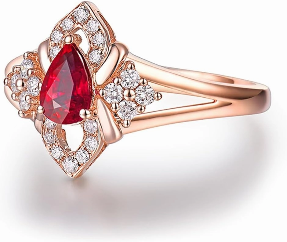Ruby Ring For Women, 14kt Rose Gold Rings - Diamonds and Ruby Ring, Vintage Natural Pear 4x6mm Red Ruby Ring & Real Diamonds Gemstone Rings For Couple Engagement Ring