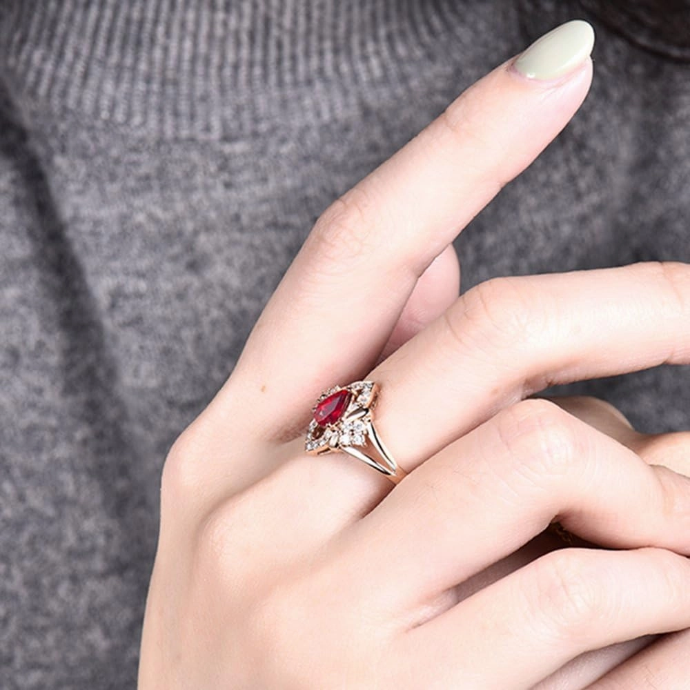 Ruby Ring For Women, 14kt Rose Gold Rings - Diamonds and Ruby Ring, Vintage Natural Pear 4x6mm Red Ruby Ring & Real Diamonds Gemstone Rings For Couple Engagement Ring