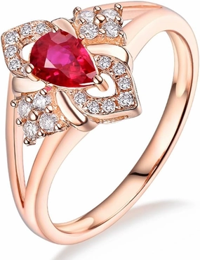 Ruby Ring For Women, 14kt Rose Gold Rings - Diamonds and Ruby Ring, Vintage Natural Pear 4x6mm Red Ruby Ring & Real Diamonds Gemstone Rings For Couple Engagement Ring