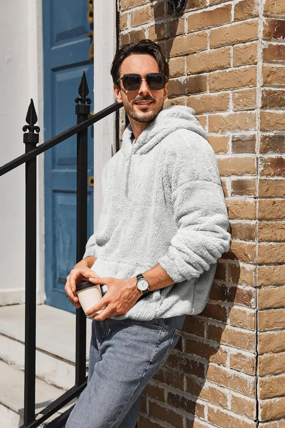 Runcati Mens Fuzzy Sherpa Pullover Hoodie Sweatshirts Long Sleeve Sport Front Pocket Military Fall Outwear Winter Hooded