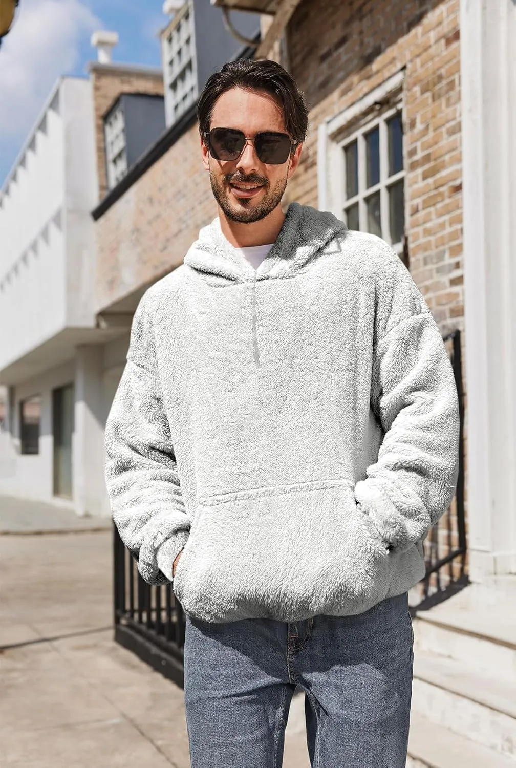 Runcati Mens Fuzzy Sherpa Pullover Hoodie Sweatshirts Long Sleeve Sport Front Pocket Military Fall Outwear Winter Hooded