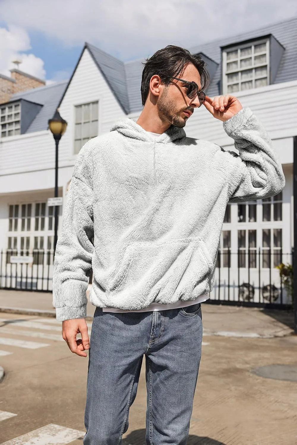 Runcati Mens Fuzzy Sherpa Pullover Hoodie Sweatshirts Long Sleeve Sport Front Pocket Military Fall Outwear Winter Hooded