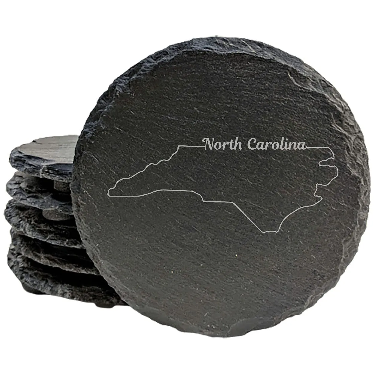 Rustic Slate Coasters Set of 4, Round 4" with North Carolina Outline Design, Perfect for Holidays, Birthdays, Housewarming Gifts, She-Shed or Man Cave, Made in Oregon, USA, Natural Chipped Edge