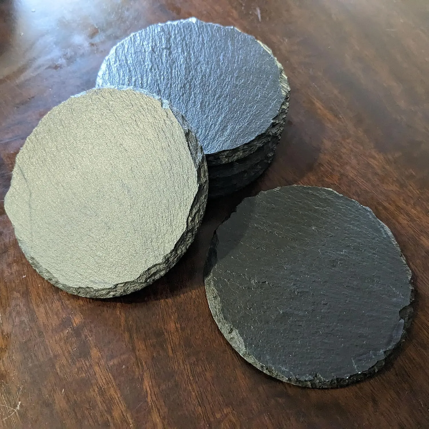 Rustic Slate Coasters Set of 4, Round 4" with North Carolina Outline Design, Perfect for Holidays, Birthdays, Housewarming Gifts, She-Shed or Man Cave, Made in Oregon, USA, Natural Chipped Edge