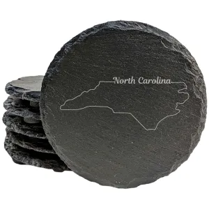 Rustic Slate Coasters Set of 4, Round 4" with North Carolina Outline Design, Perfect for Holidays, Birthdays, Housewarming Gifts, She-Shed or Man Cave, Made in Oregon, USA, Natural Chipped Edge