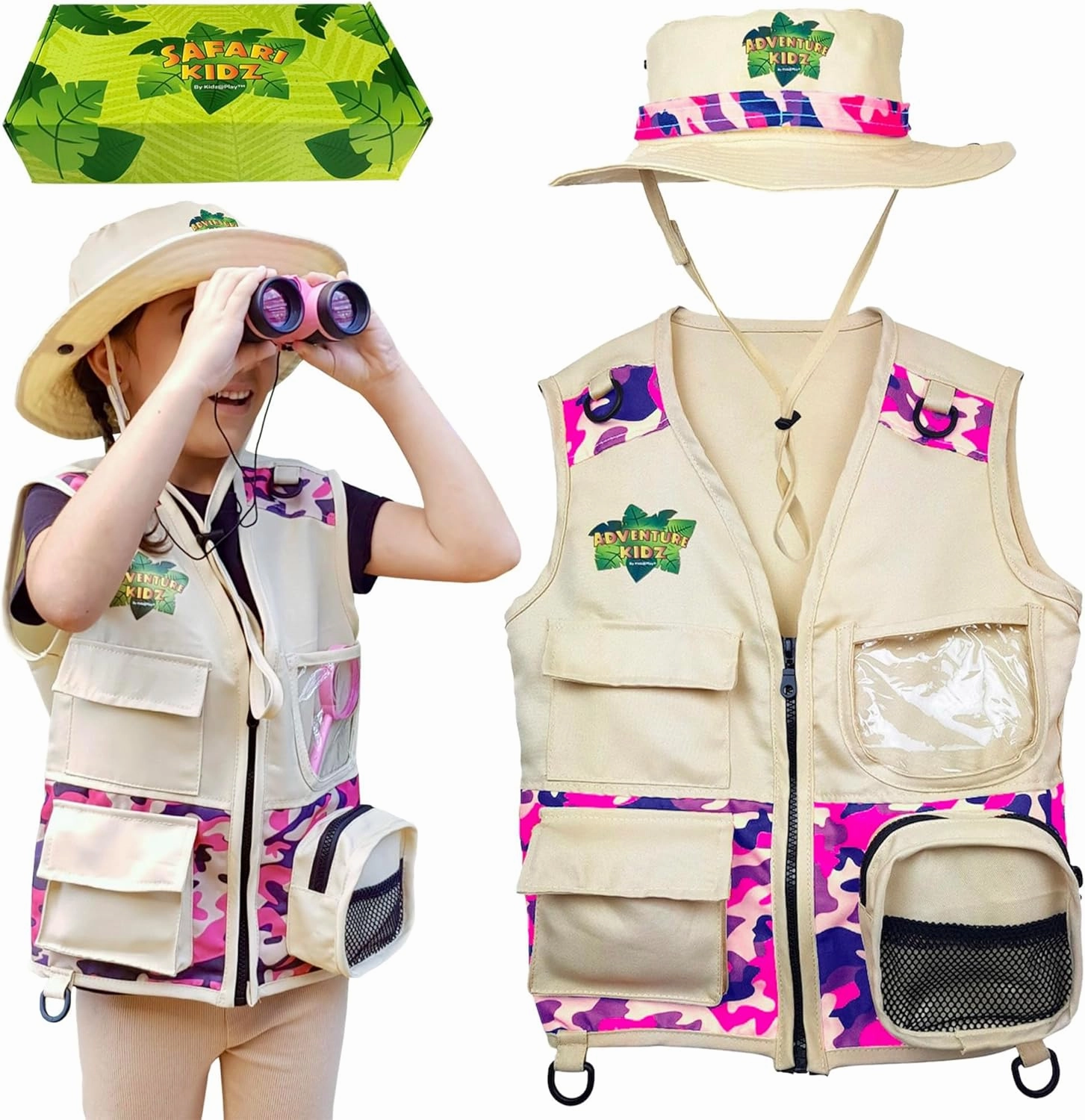 Safari Kidz Outdoor Explorer Kit - Pink Camouflage Cargo Vest and Hat Set, Backyard Nature Adventures, Washable Costume
