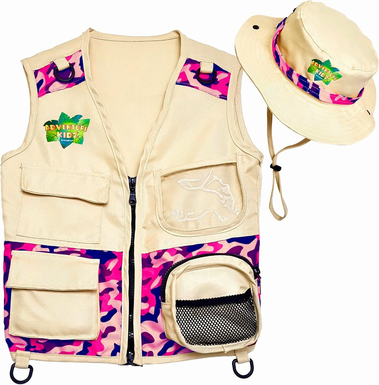 Safari Kidz Outdoor Explorer Kit - Pink Camouflage Cargo Vest and Hat Set, Backyard Nature Adventures, Washable Costume
