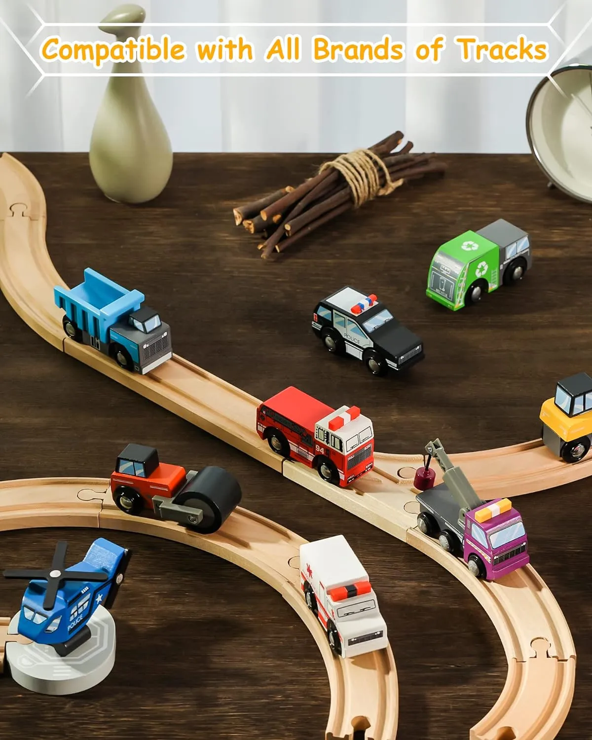 SainSmart Jr. Wooden Train Set Accessories Toy Cars (10 PCS), Compatible with All Major Brands, Gift for Toddlers and Kids Aged 3 