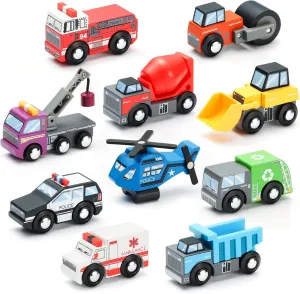 SainSmart Jr. Wooden Train Set Accessories Toy Cars (10 PCS), Compatible with All Major Brands, Gift for Toddlers and Kids Aged 3 