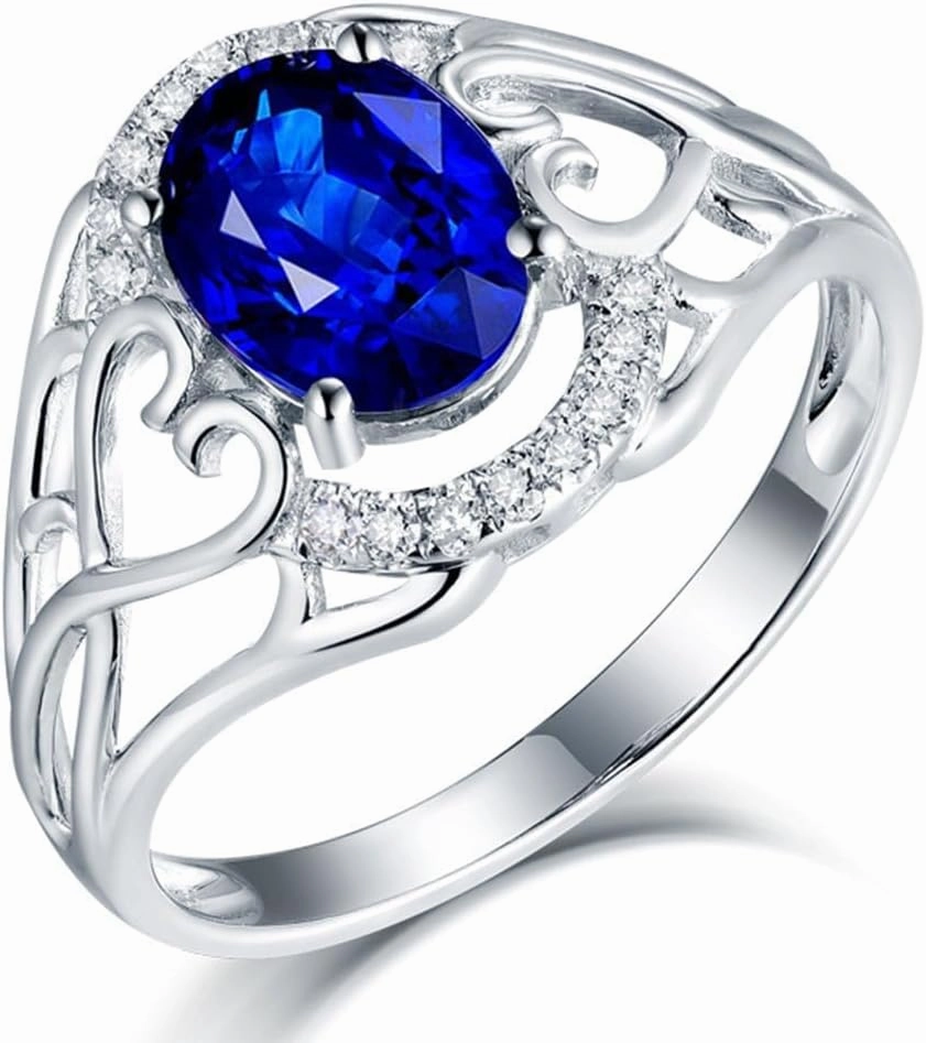 Sapphire Ring For Women, 14K Solid White Gold Rings - Blue Sapphire Ring with Diamond, Oval 6x8mm Natural Sapphire Rings & Real Diamond Gemstone Rings For Couple Engagement Ring