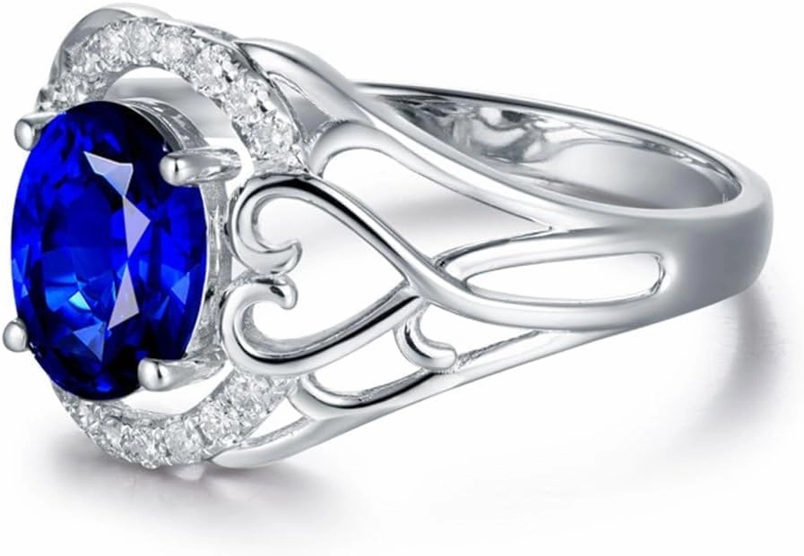 Sapphire Ring For Women, 14K Solid White Gold Rings - Blue Sapphire Ring with Diamond, Oval 6x8mm Natural Sapphire Rings & Real Diamond Gemstone Rings For Couple Engagement Ring