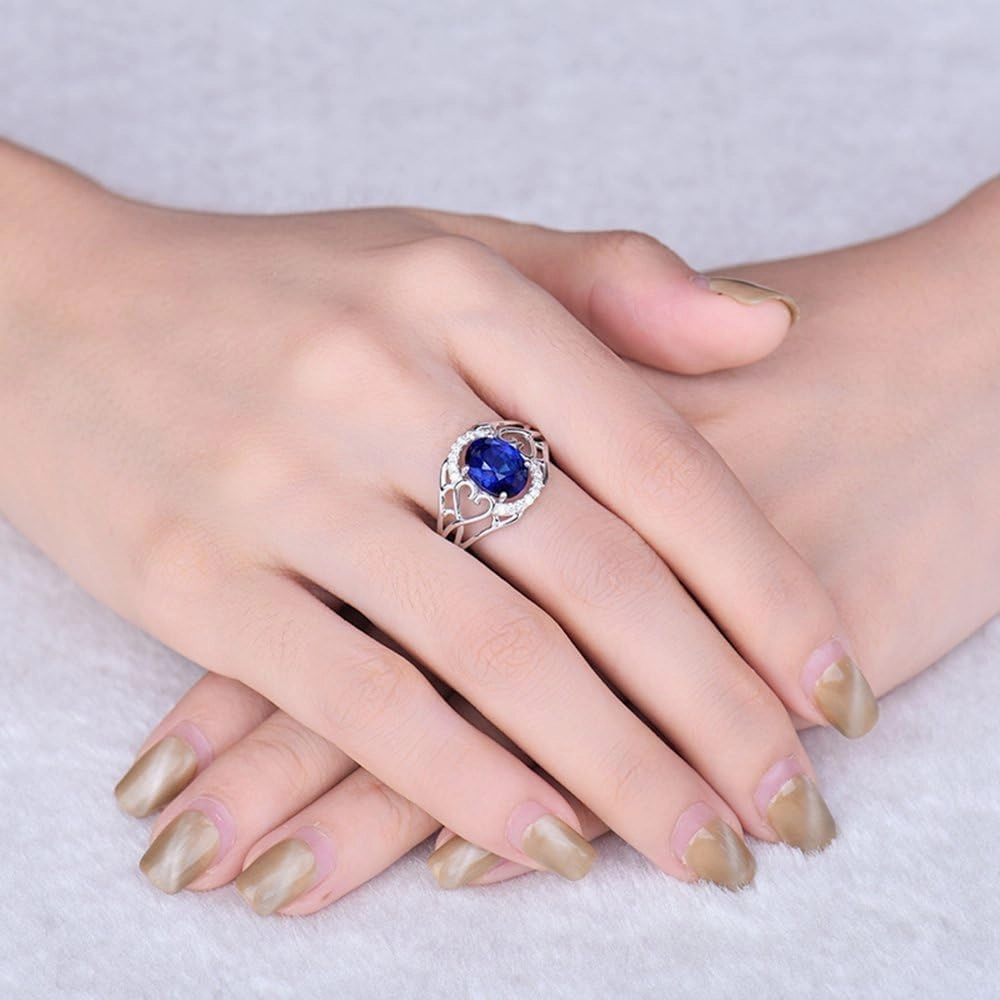 Sapphire Ring For Women, 14K Solid White Gold Rings - Blue Sapphire Ring with Diamond, Oval 6x8mm Natural Sapphire Rings & Real Diamond Gemstone Rings For Couple Engagement Ring