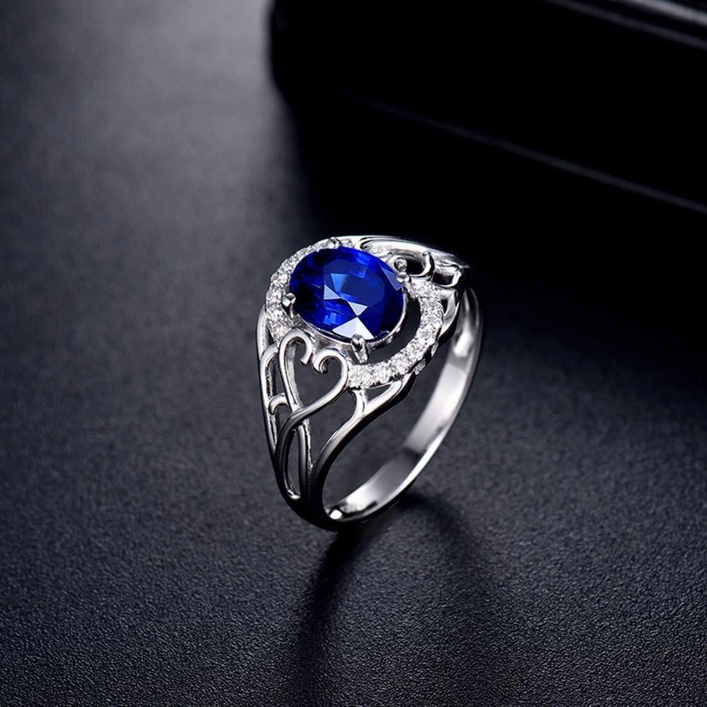 Sapphire Ring For Women, 14K Solid White Gold Rings - Blue Sapphire Ring with Diamond, Oval 6x8mm Natural Sapphire Rings & Real Diamond Gemstone Rings For Couple Engagement Ring