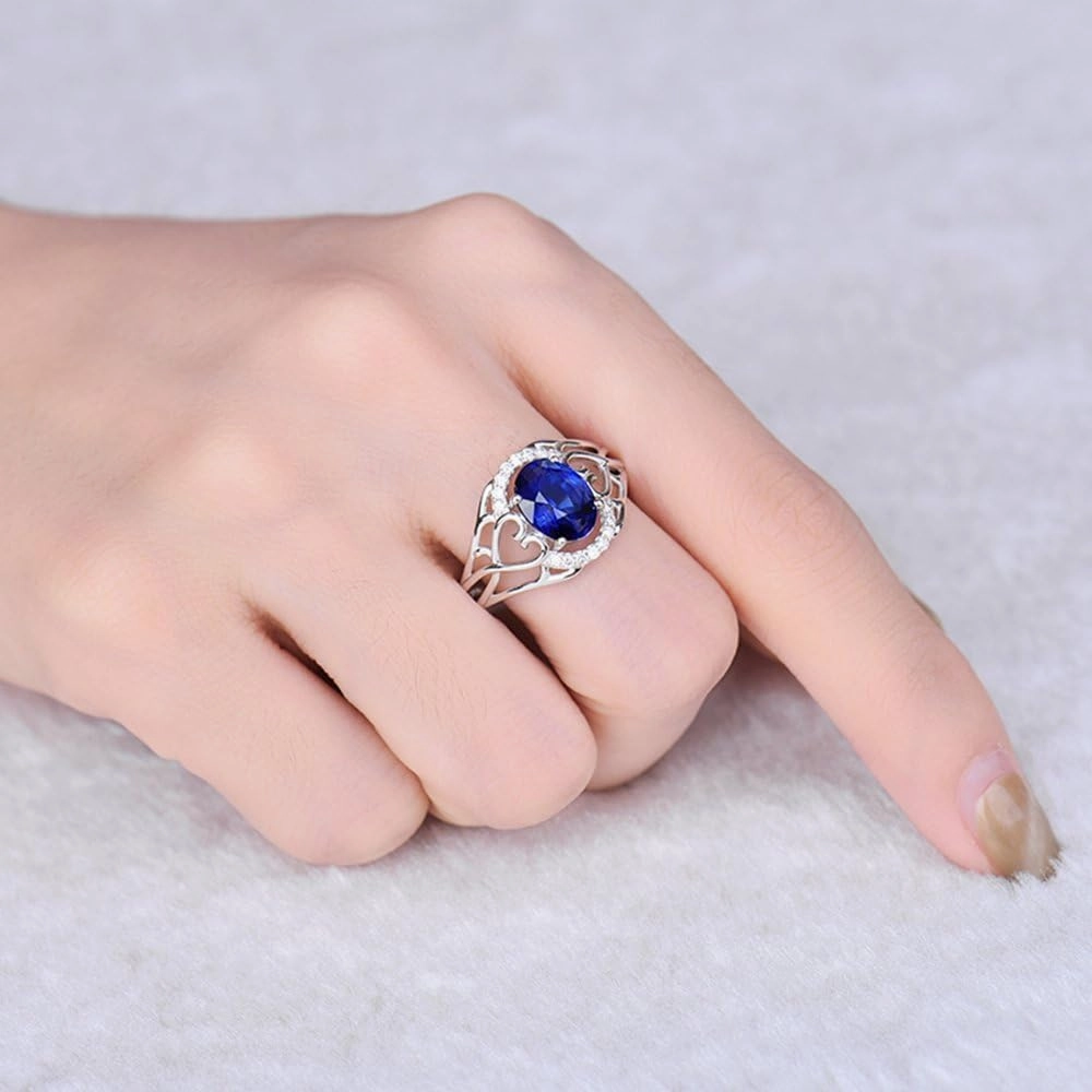 Sapphire Ring For Women, 14K Solid White Gold Rings - Blue Sapphire Ring with Diamond, Oval 6x8mm Natural Sapphire Rings & Real Diamond Gemstone Rings For Couple Engagement Ring