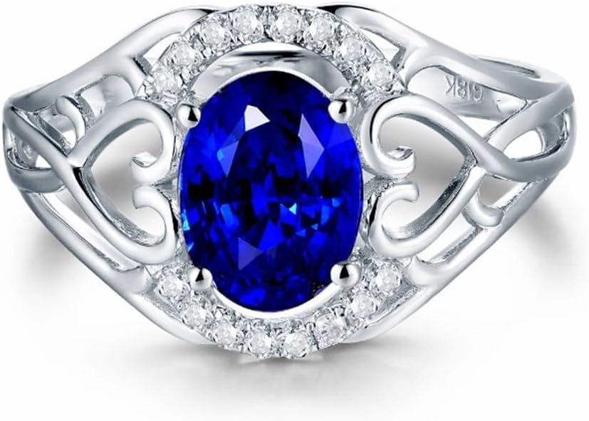 Sapphire Ring For Women, 14K Solid White Gold Rings - Blue Sapphire Ring with Diamond, Oval 6x8mm Natural Sapphire Rings & Real Diamond Gemstone Rings For Couple Engagement Ring