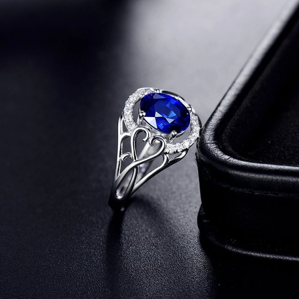 Sapphire Ring For Women, 14K Solid White Gold Rings - Blue Sapphire Ring with Diamond, Oval 6x8mm Natural Sapphire Rings & Real Diamond Gemstone Rings For Couple Engagement Ring
