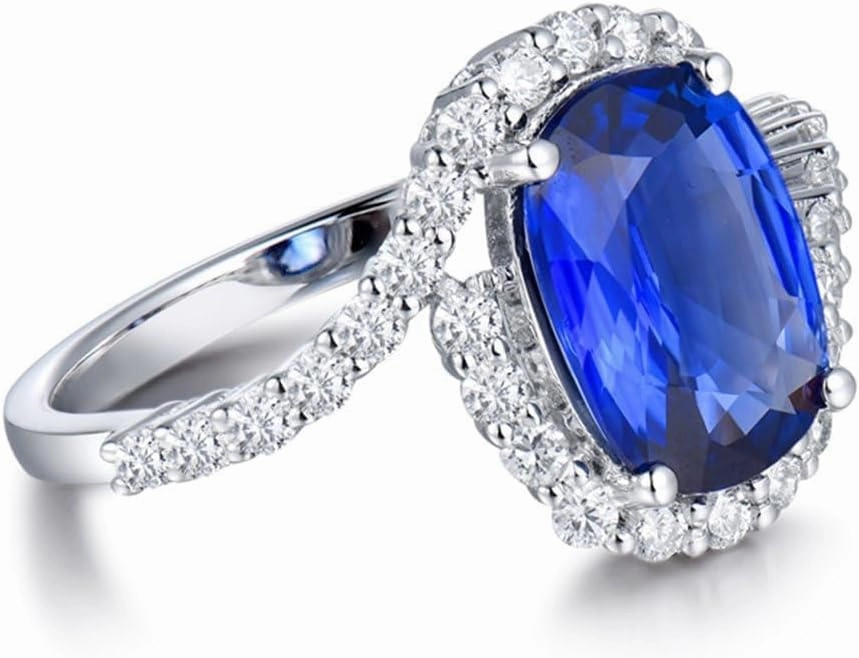Sapphire Ring For Women, 14K Solid White Gold Rings - Blue Sapphire Ring with Diamond, Oval 7x9mm Natural Sapphire Rings & Real Diamond Gemstone Rings For Couple Engagement Ring