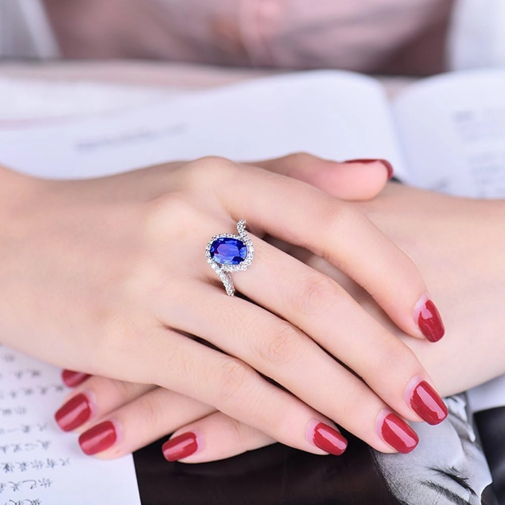 Sapphire Ring For Women, 14K Solid White Gold Rings - Blue Sapphire Ring with Diamond, Oval 7x9mm Natural Sapphire Rings & Real Diamond Gemstone Rings For Couple Engagement Ring